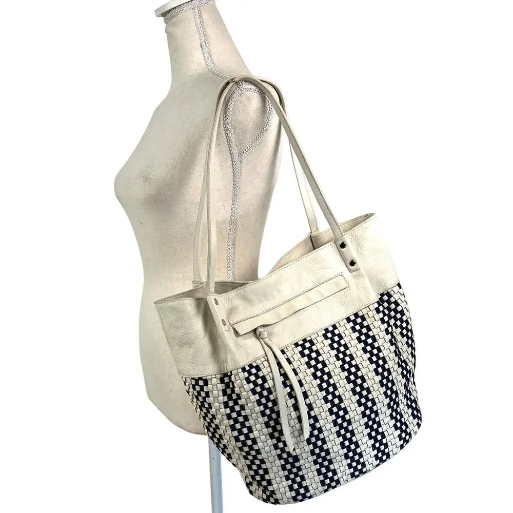 Kooba Bag Tote Shoulder Handbag Striped Woven Denim Detail Western